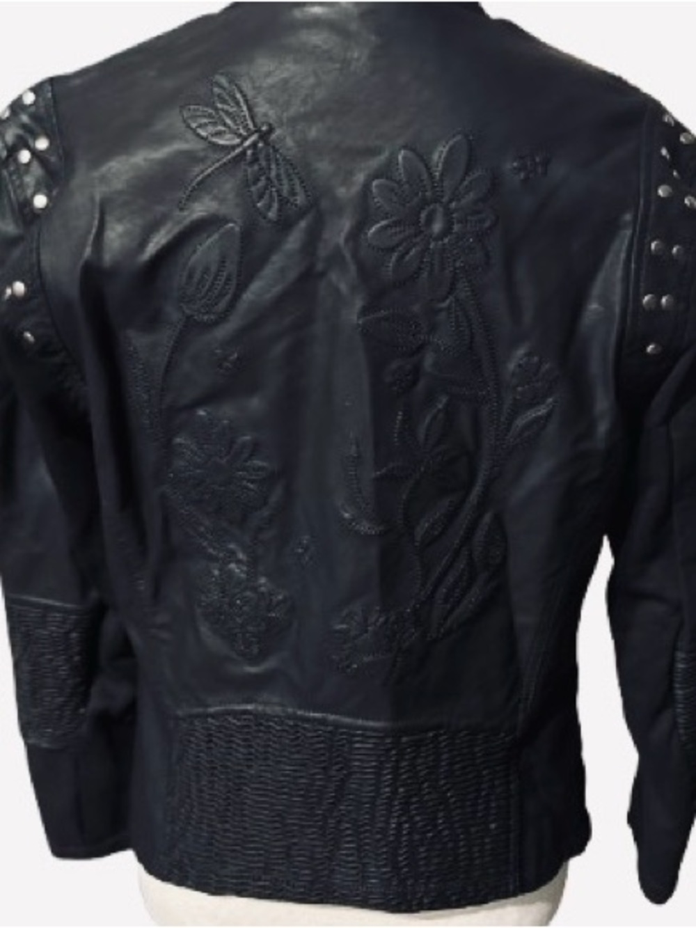 Dragonfly Floral ESQUALO Vegan Leather Jacket Medium Black Faux Leather Boho 8
